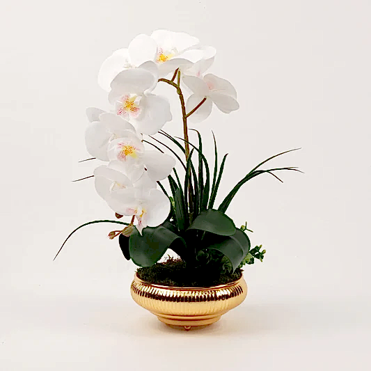 Yapay Orkideli Çizgili Gold Vazo
