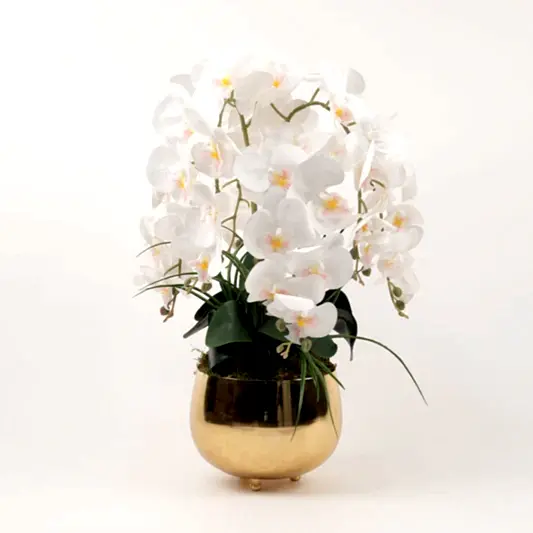 Yapay Orkideli Küçük Gold Çanak Vazo