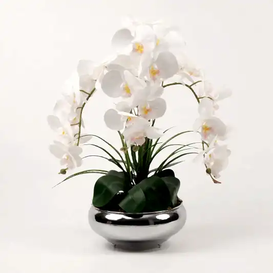 Yapay Islak Orkideli Gümüş Yassı Vazo